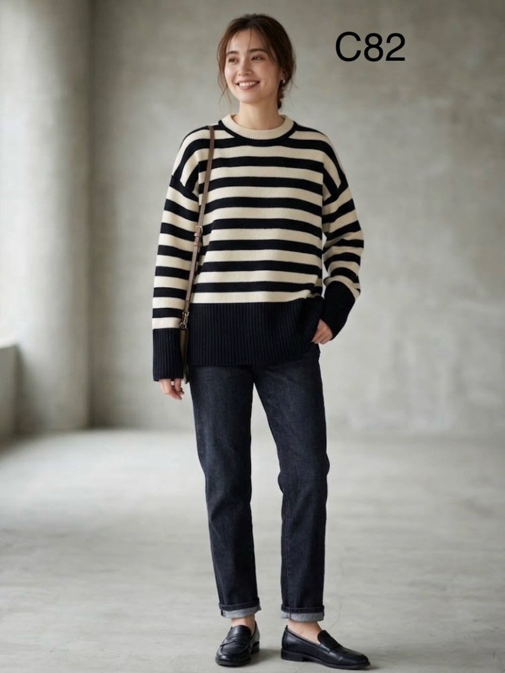 Zara Black and Cream Striped Crewneck Sweater, Size Small